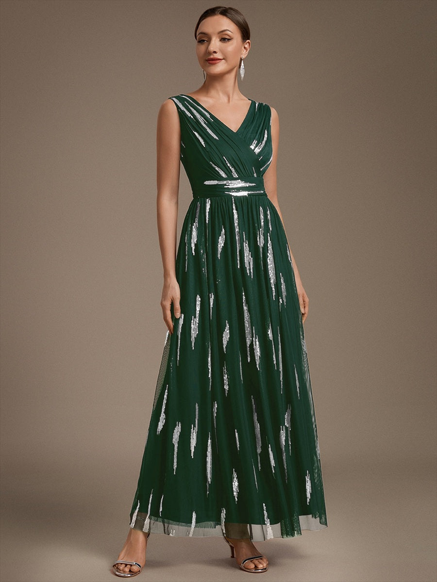 Tulle Sequin Sleeveless A-Line Evening Dress #color_Dark Green
