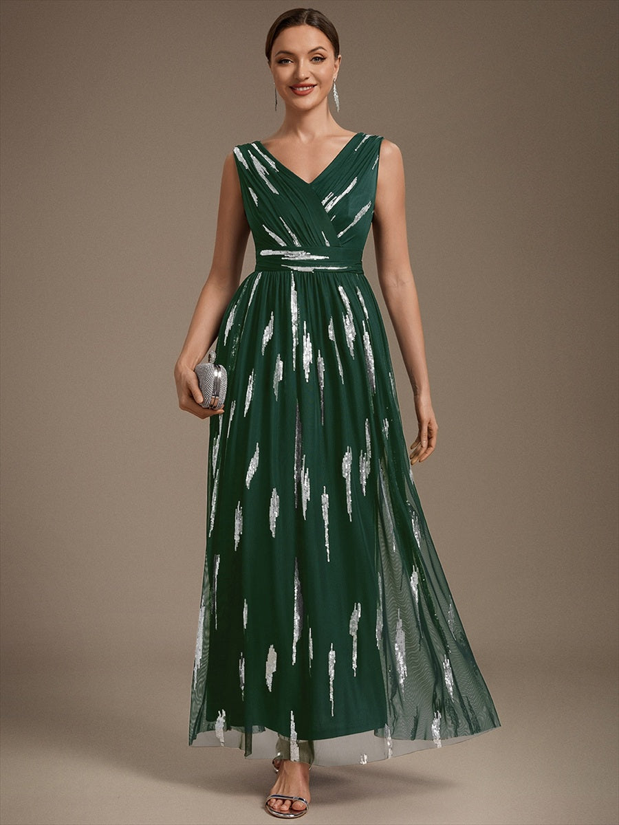 Tulle Sequin Sleeveless A-Line Evening Dress #color_Dark Green