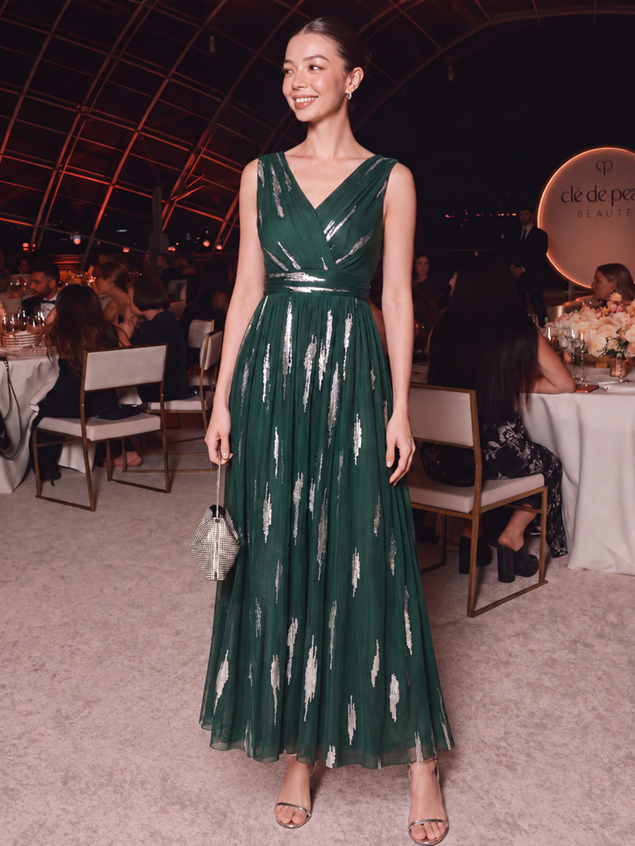 Tulle Sequin Sleeveless A-Line Evening Dress #color_Dark Green