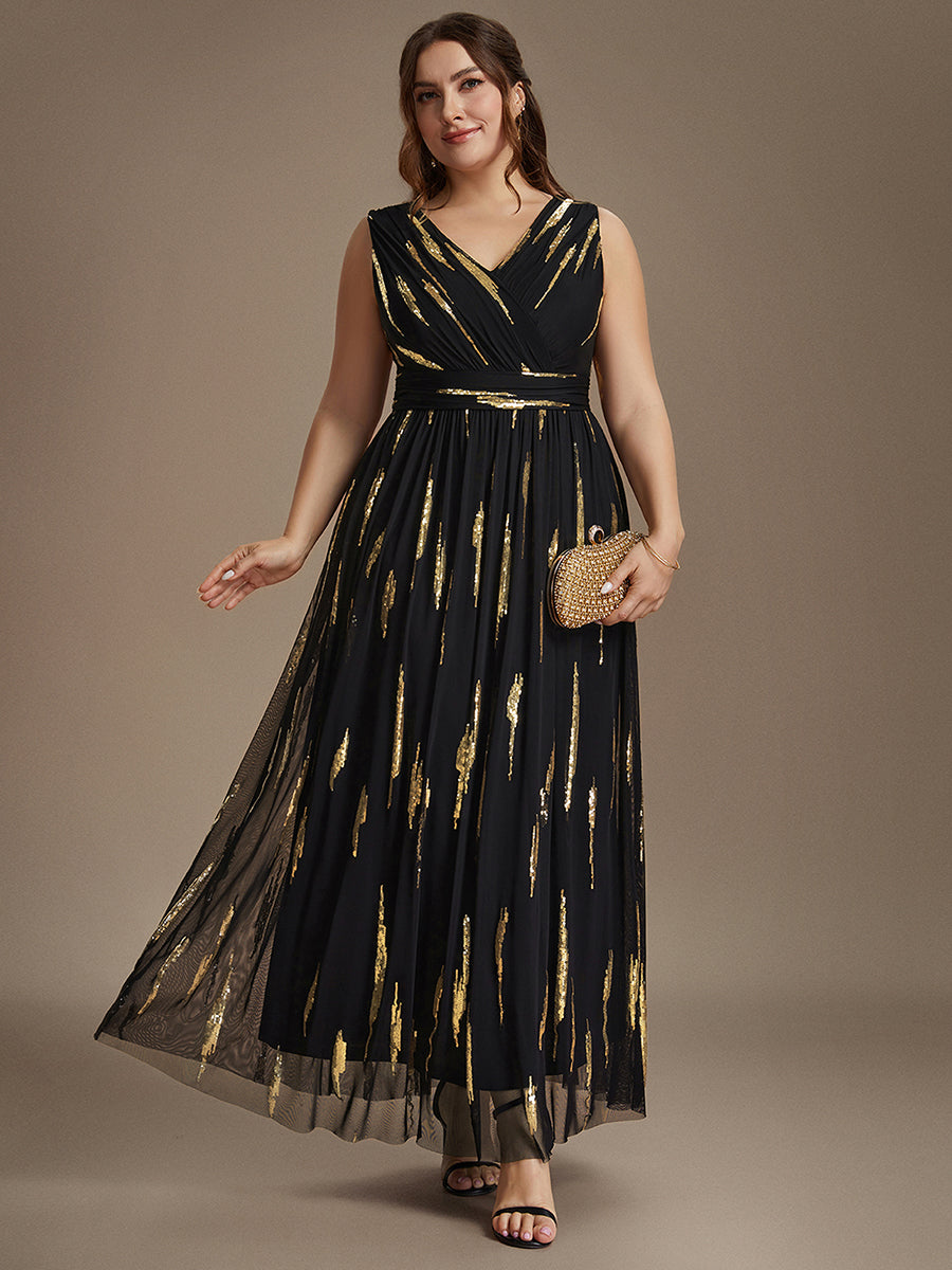 Tulle Sequin Sleeveless A-Line Evening Dress #color_Black & Gold
