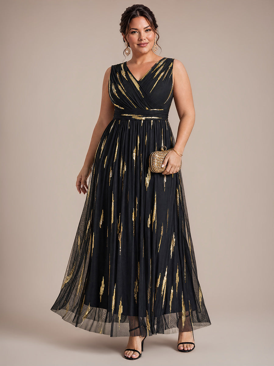Plus Size Tulle Sleeveless Evening Dress #color_Black&Metallic Gold