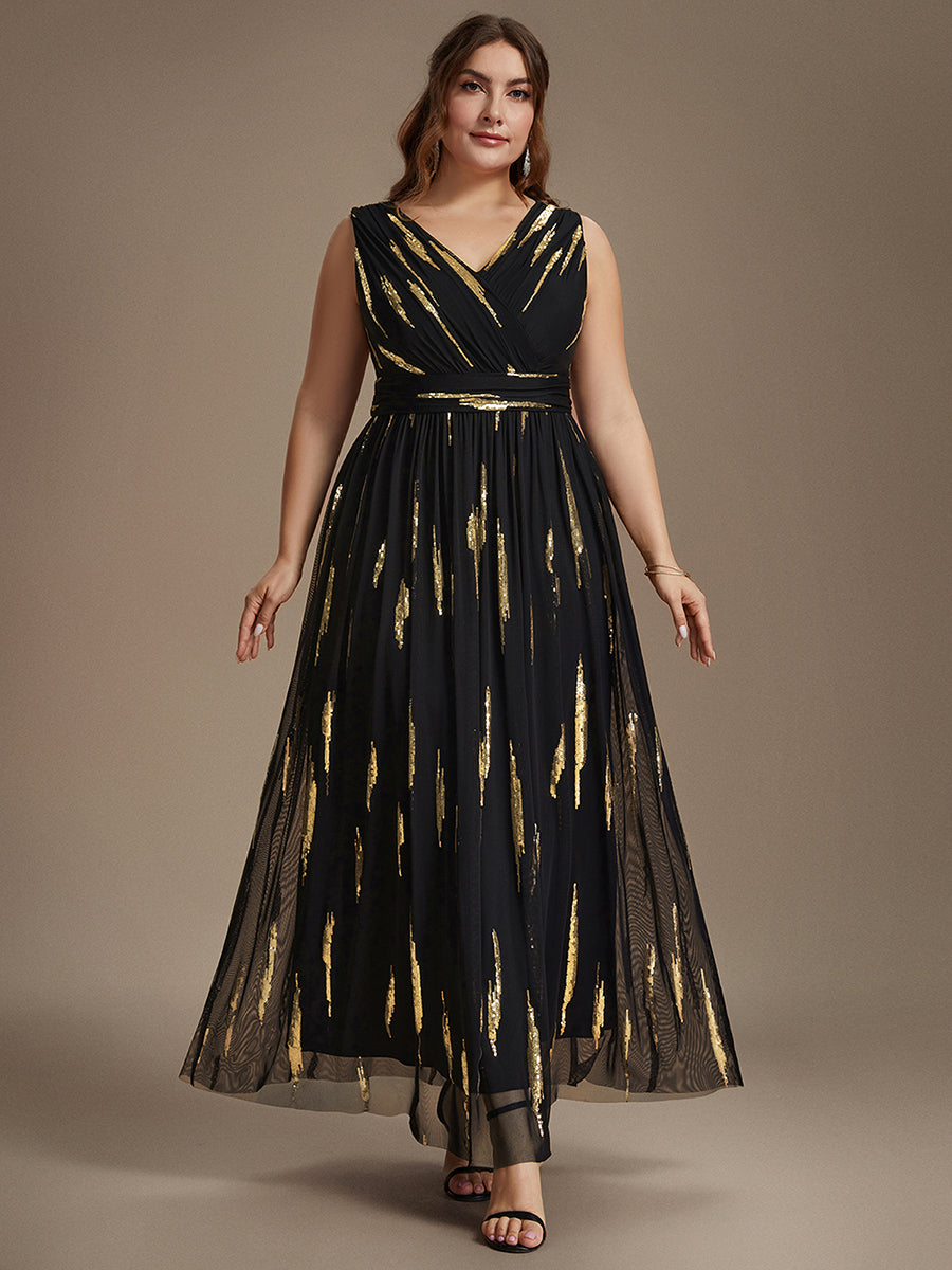 Tulle Sequin Sleeveless A-Line Evening Dress #color_Black & Gold