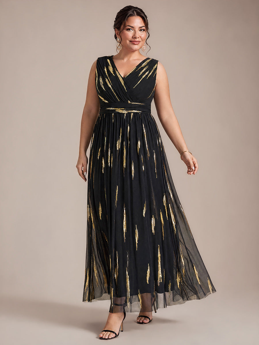 Plus Size Tulle Sleeveless Evening Dress #color_Black&Metallic Gold