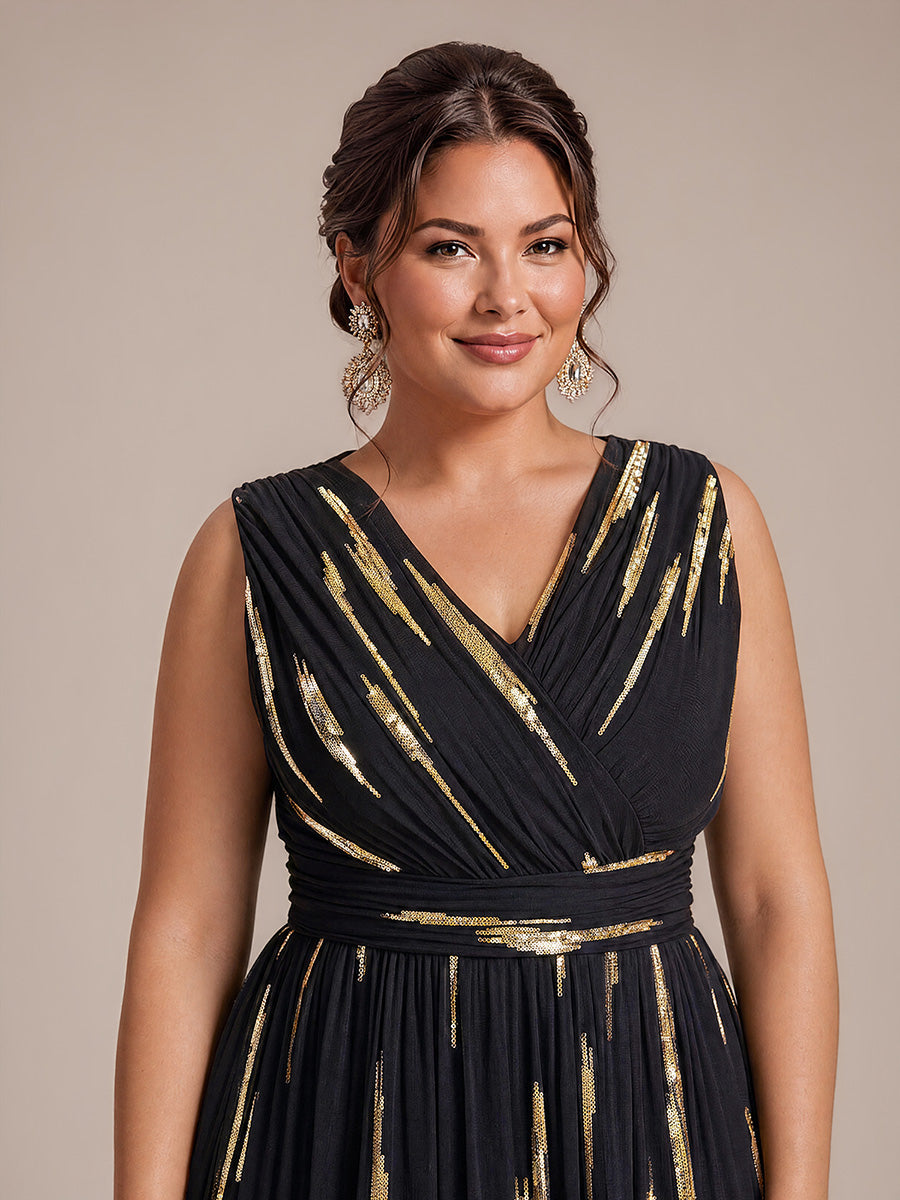 Plus Size Tulle Sleeveless Evening Dress #color_Black&Metallic Gold