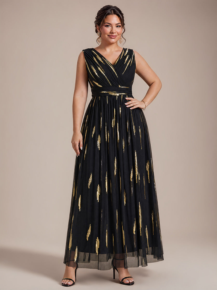Plus Size Tulle Sleeveless Evening Dress #color_Black&Metallic Gold