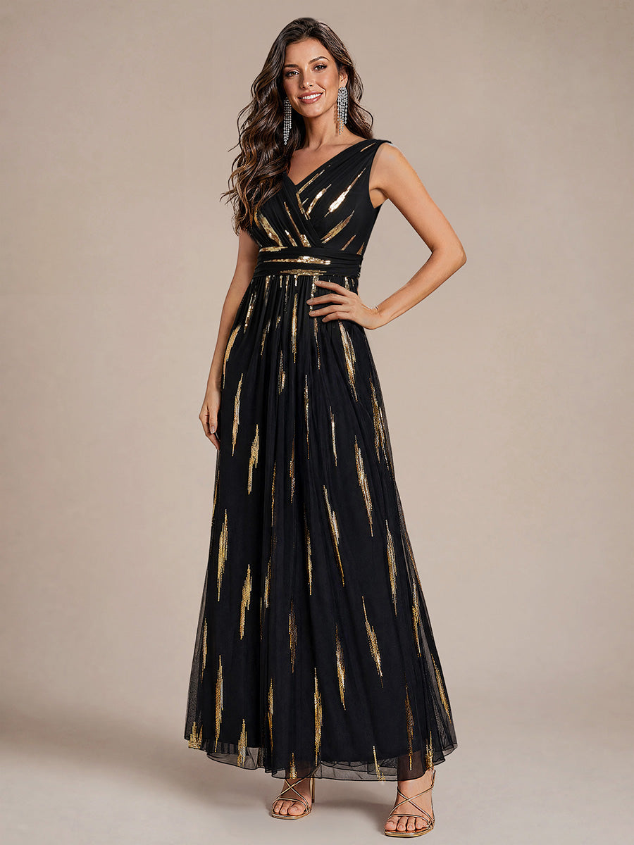 Tulle Sequin Sleeveless A-Line Evening Dress #color_Black&Metallic Gold