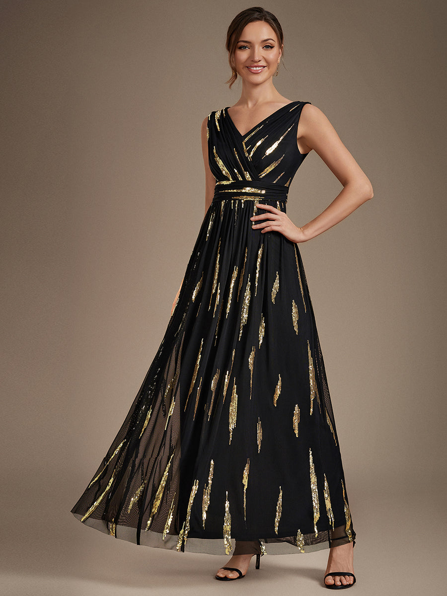 Tulle Sequin Sleeveless A-Line Evening Dress #color_Black & Gold
