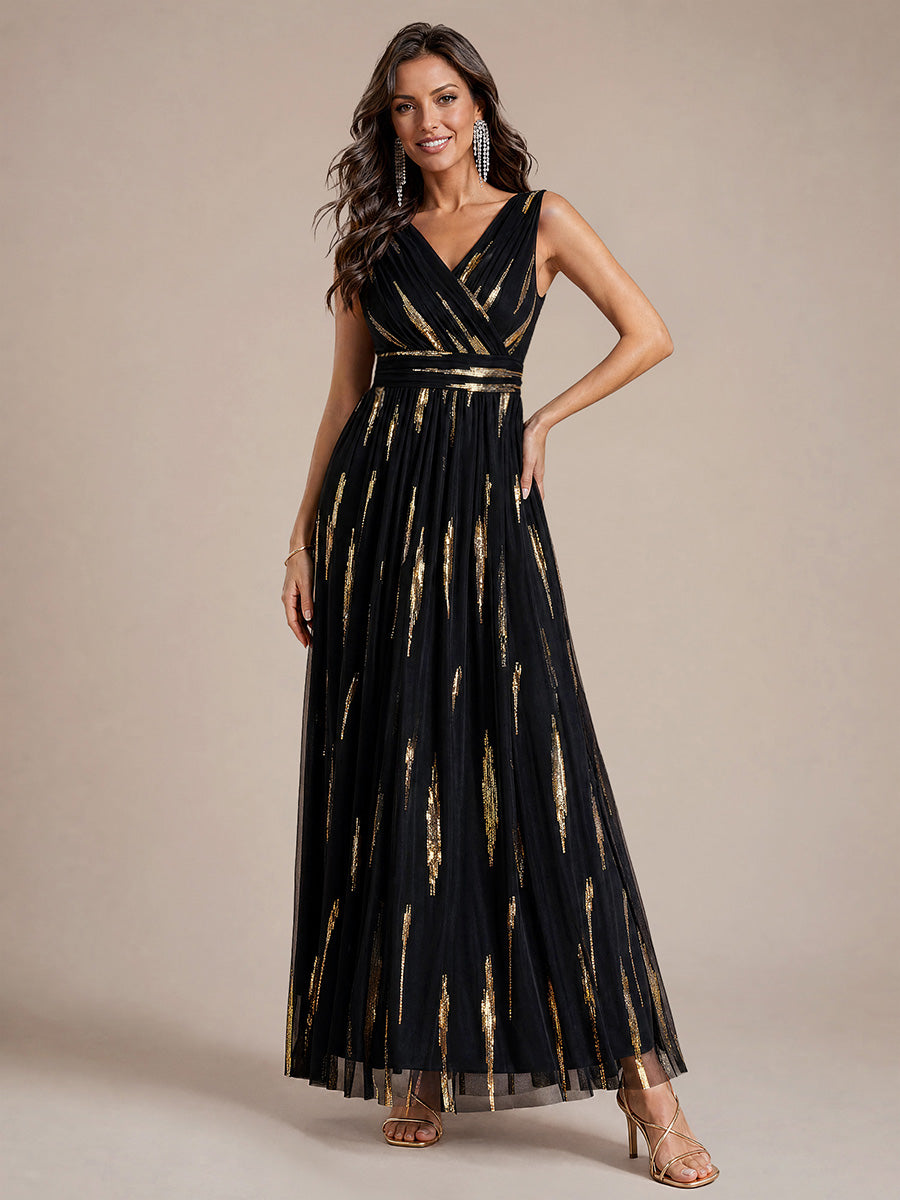 Tulle Sequin Sleeveless A-Line Evening Dress #color_Black&Metallic Gold