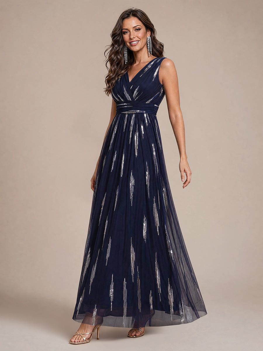Tulle Sequin Sleeveless A-Line Evening Dress #color_Navy Blue