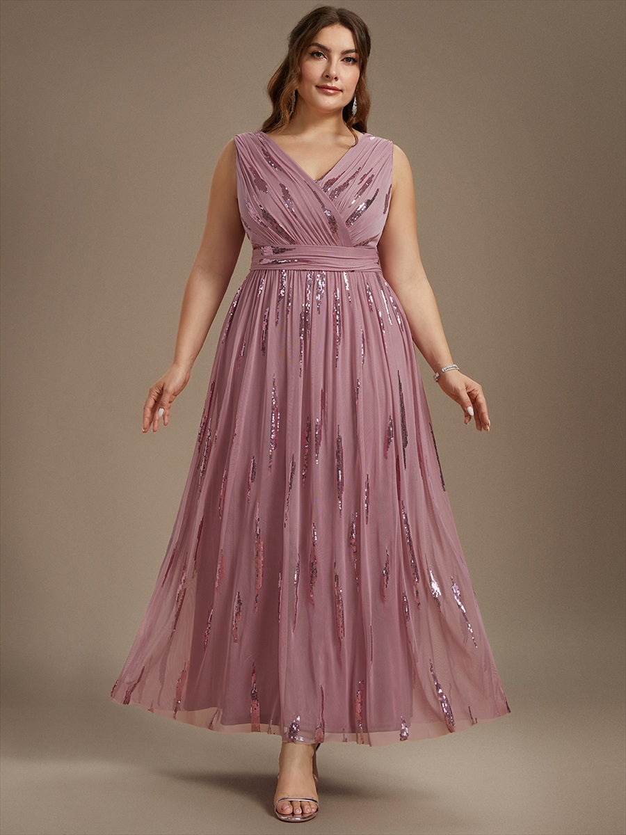 Tulle Sequin Sleeveless A-Line Evening Dress #color_Purple Orchid