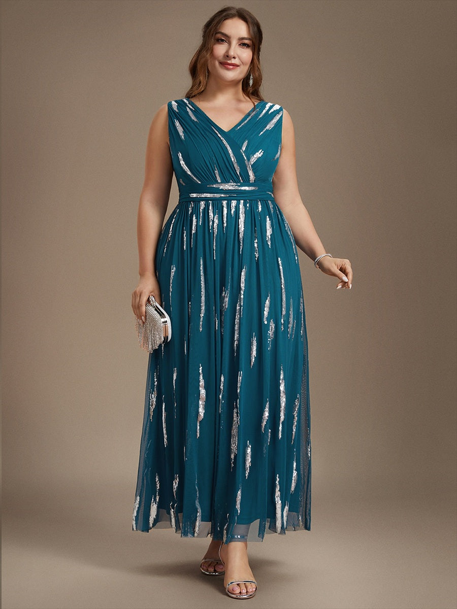 Plus Size Tulle Sleeveless Evening Dress #color_Teal Blue