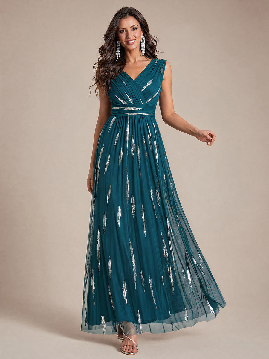 Tulle Sequin Sleeveless A-Line Evening Dress #color_Teal Blue