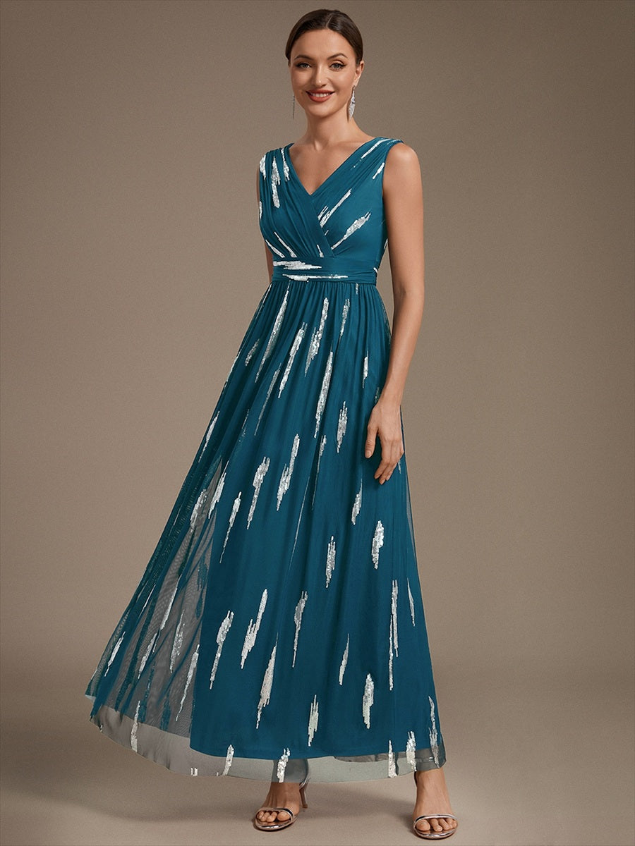 Tulle Sequin Sleeveless A-Line Evening Dress #color_Teal Blue
