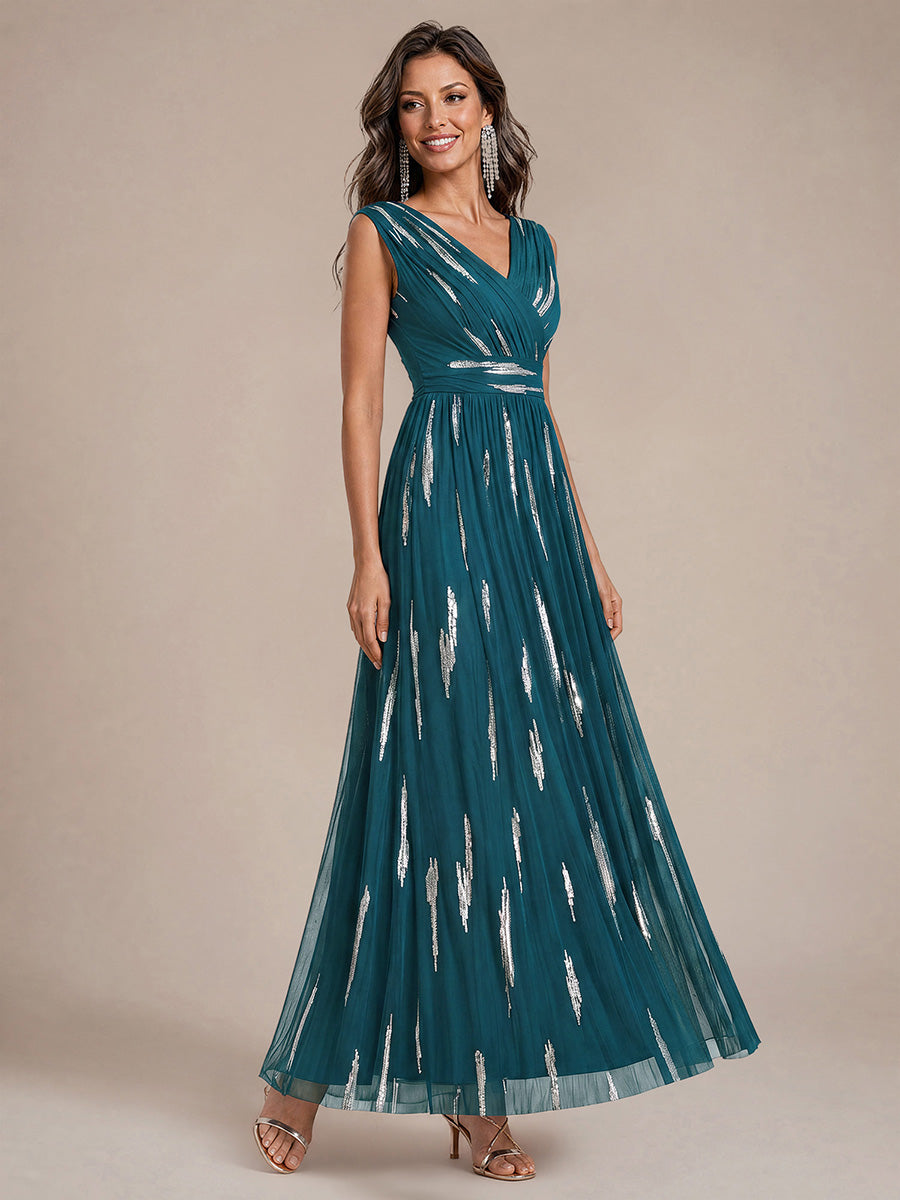 Tulle Sequin Sleeveless A-Line Evening Dress #color_Teal Blue