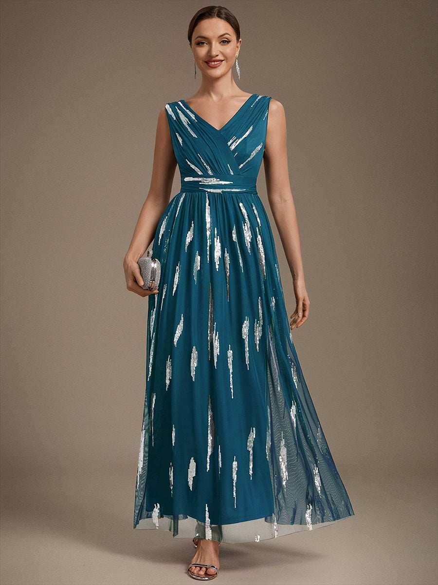 Tulle Sequin Sleeveless A-Line Evening Dress #color_Teal Blue