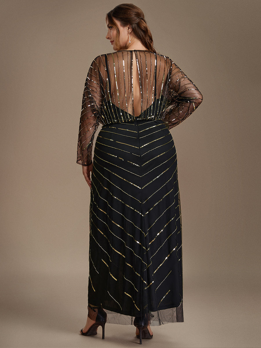 Plus Size Beading Tulle Evening Dress #color_Black & Gold