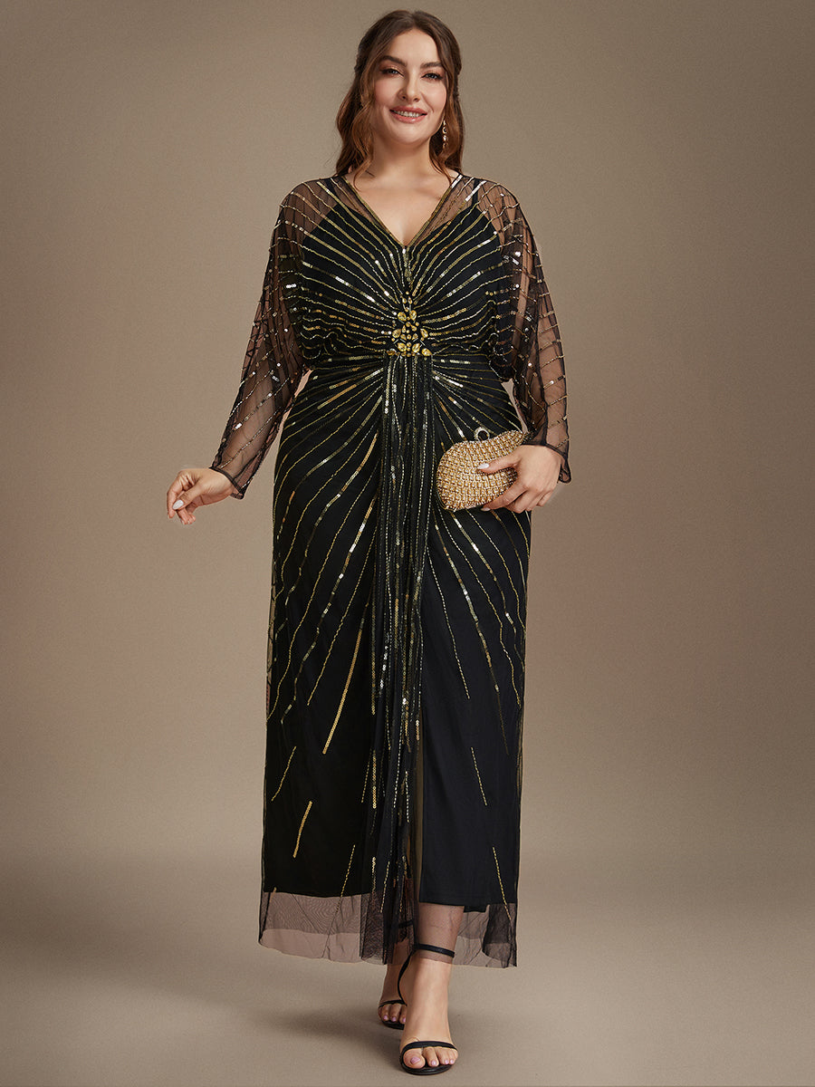 Plus Size Beading Tulle Evening Dress #color_Black & Gold