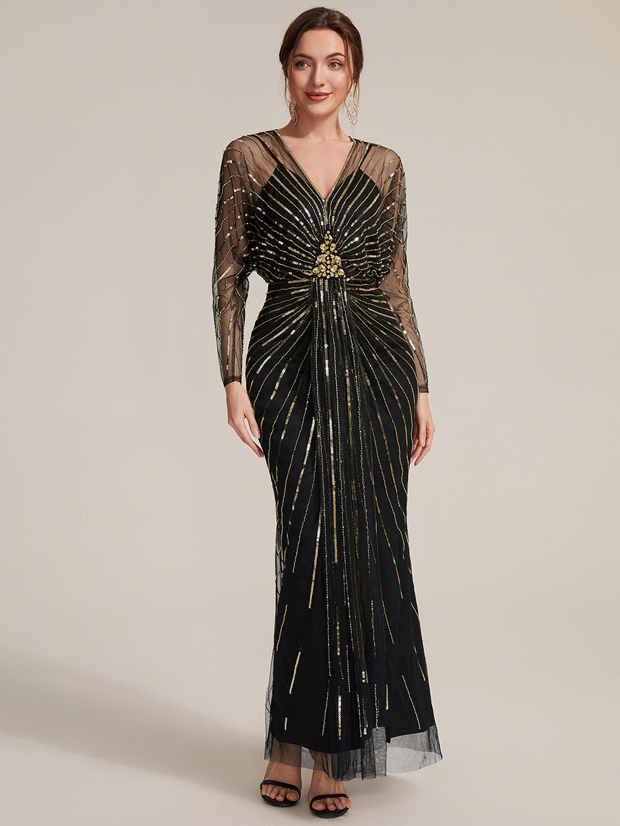 Sequin Tulle Batwing Sleeve Evening Dress #color_Black & Gold