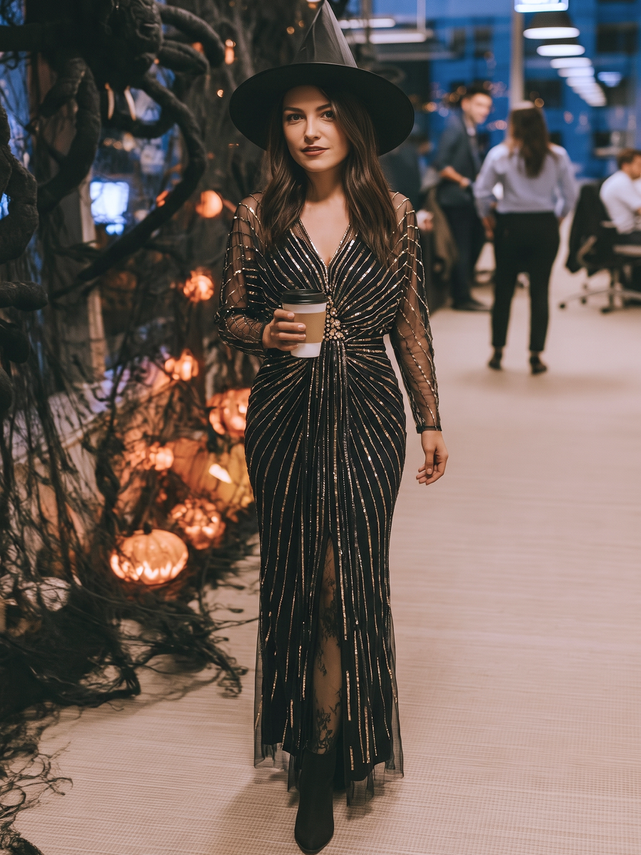 Sequin Tulle Batwing Sleeve Evening Dress #color_Midnight Gold