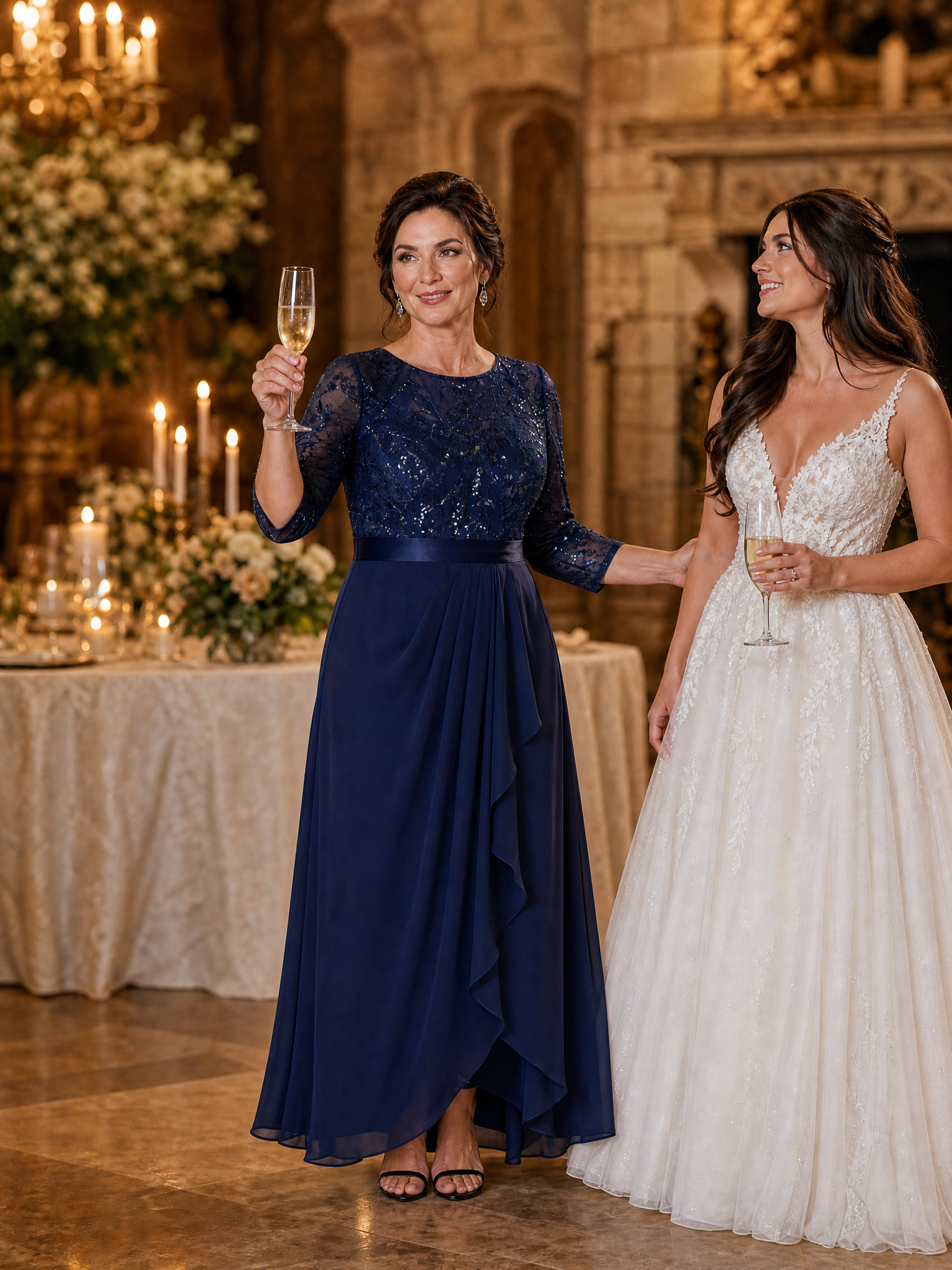 Sequins Long Sleeve Asymmetrical Hem Evening Dress #color_Navy Blue