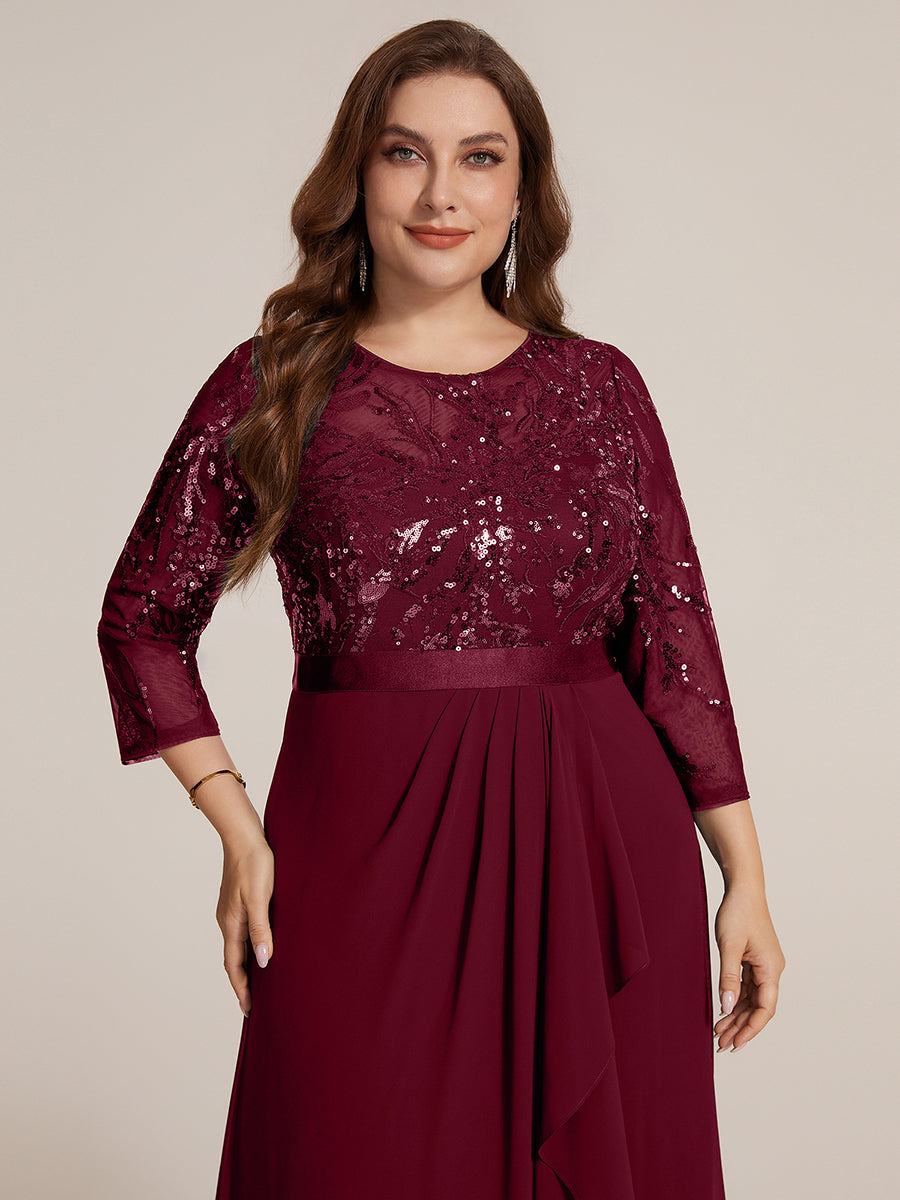 Sequins Long Sleeve Asymmetrical Hem Evening Dress #color_Burgundy