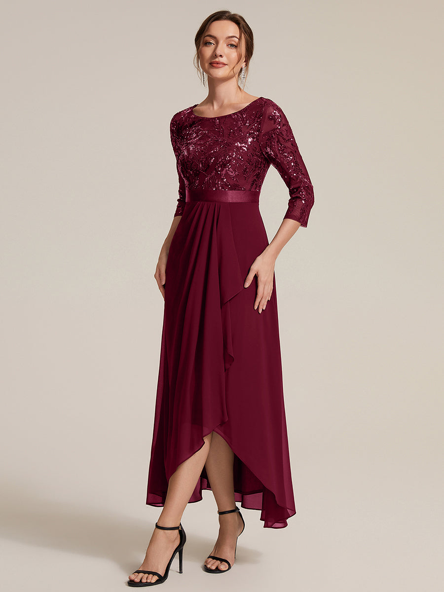 Sequins Long Sleeve Asymmetrical Hem Evening Dress #color_Burgundy