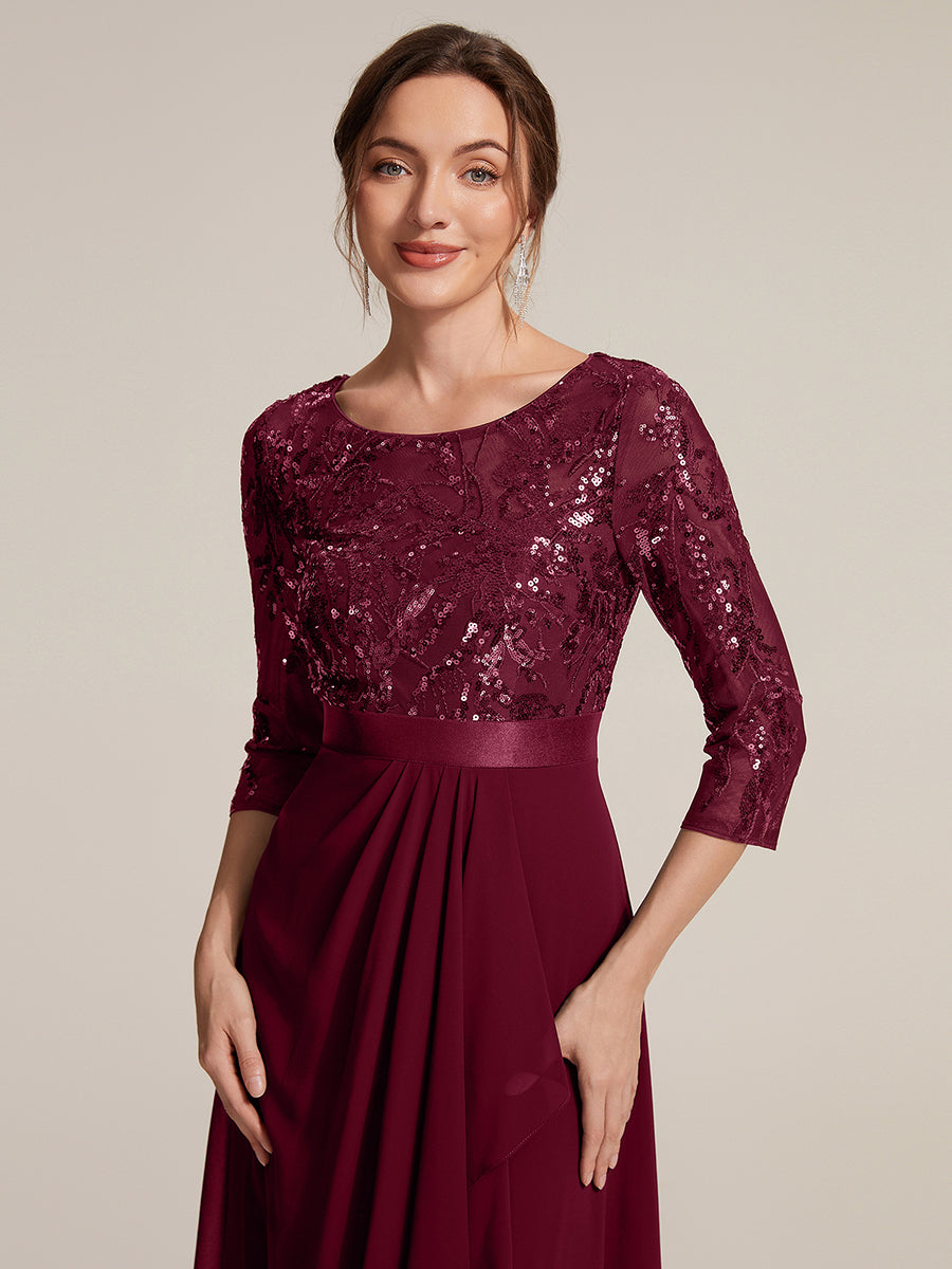 Sequins Long Sleeve Asymmetrical Hem Evening Dress #color_Burgundy