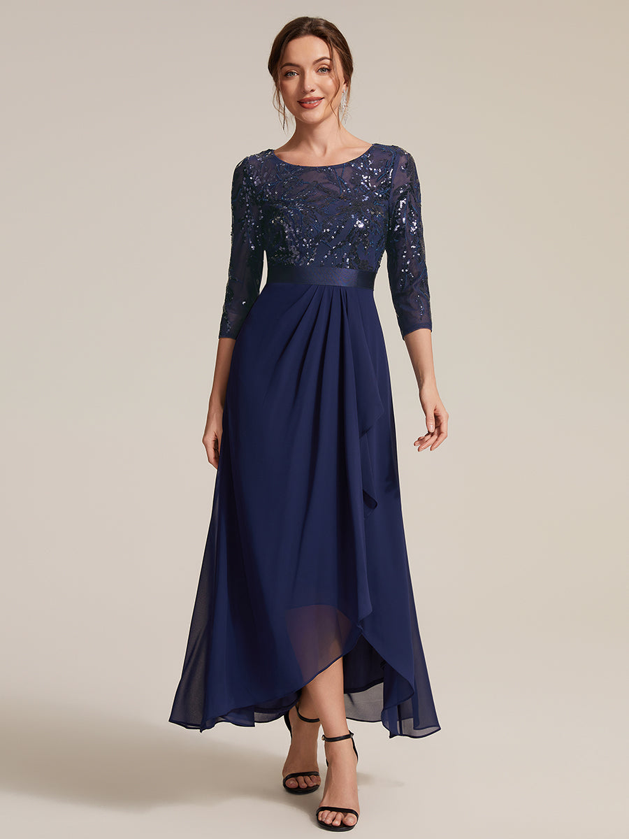 Sequins Long Sleeve Asymmetrical Hem Evening Dress #color_Navy Blue