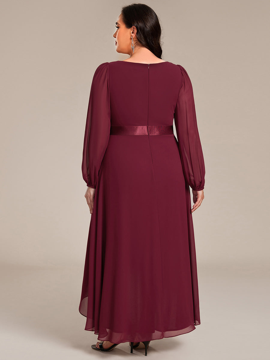Pleated Chiffon Lantern Sleeve Evening Dress #color_Burgundy