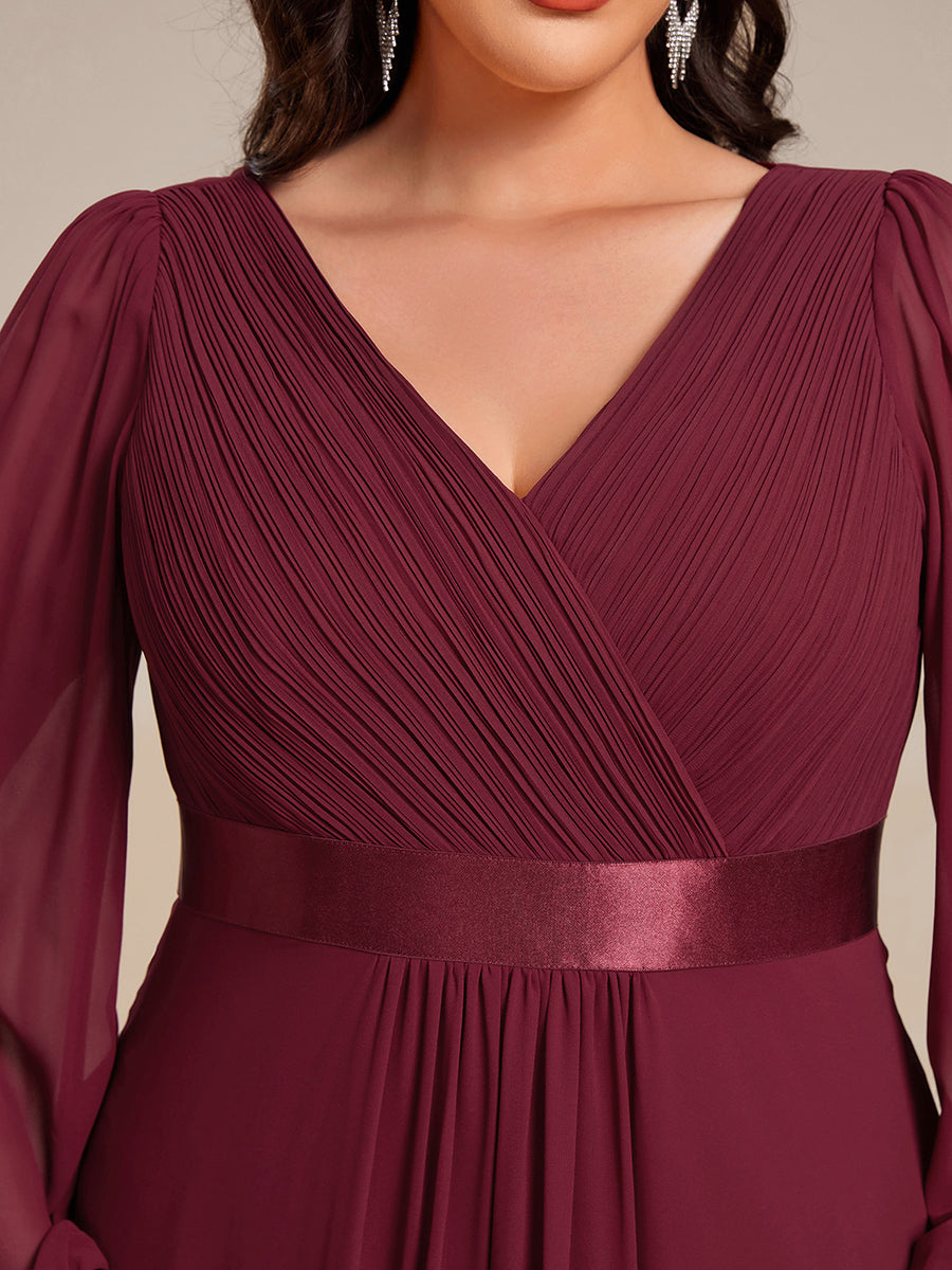 Pleated Chiffon Lantern Sleeve Evening Dress #color_Burgundy