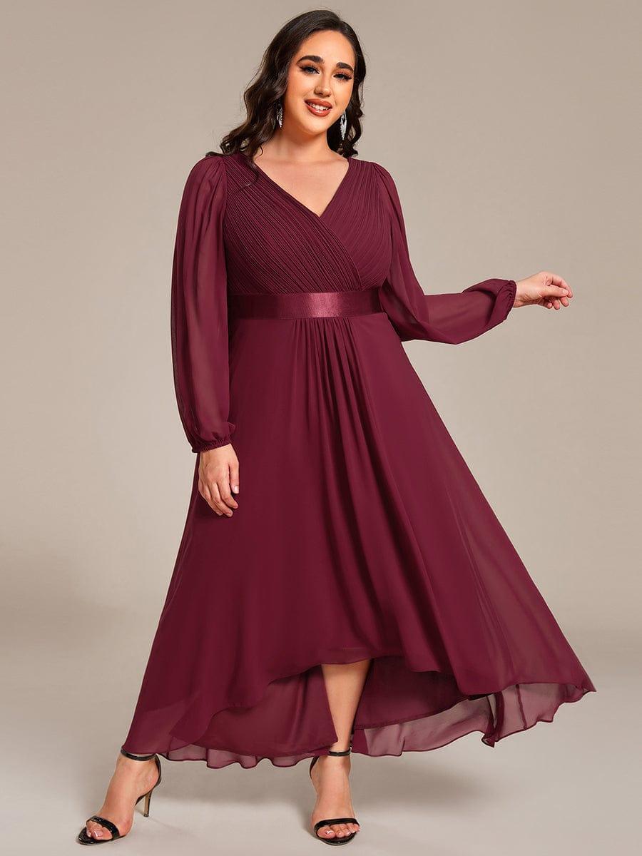 Plus Size A-Line Long Sleeve Chiffon Pleated Formal Dress #color_Burgundy