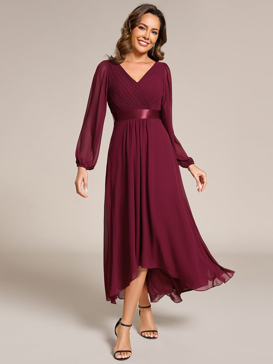 Pleated Chiffon Lantern Sleeve Evening Dress #color_Burgundy