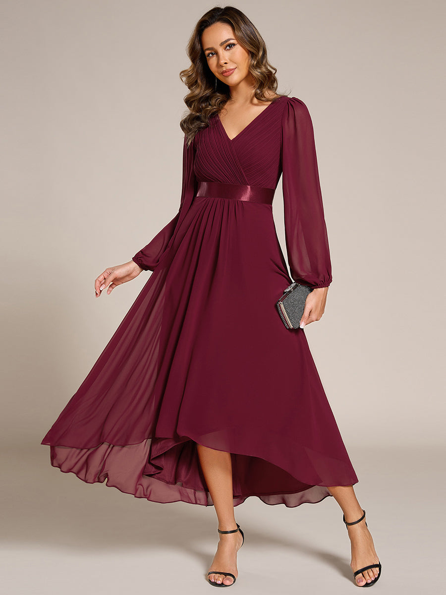 Pleated Chiffon Lantern Sleeve Evening Dress #color_Burgundy