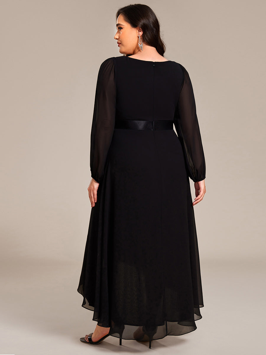 Pleated Chiffon Lantern Sleeve Evening Dress #color_Black