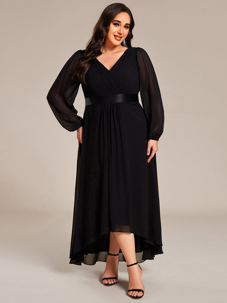 Pleated Chiffon Lantern Sleeve Evening Dress #color_Black