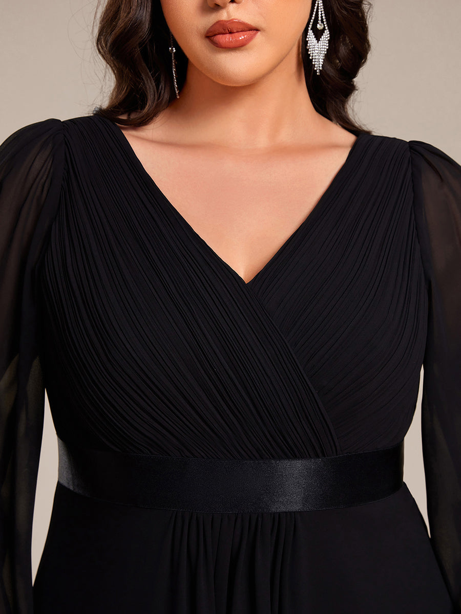 Pleated Chiffon Lantern Sleeve Evening Dress #color_Black