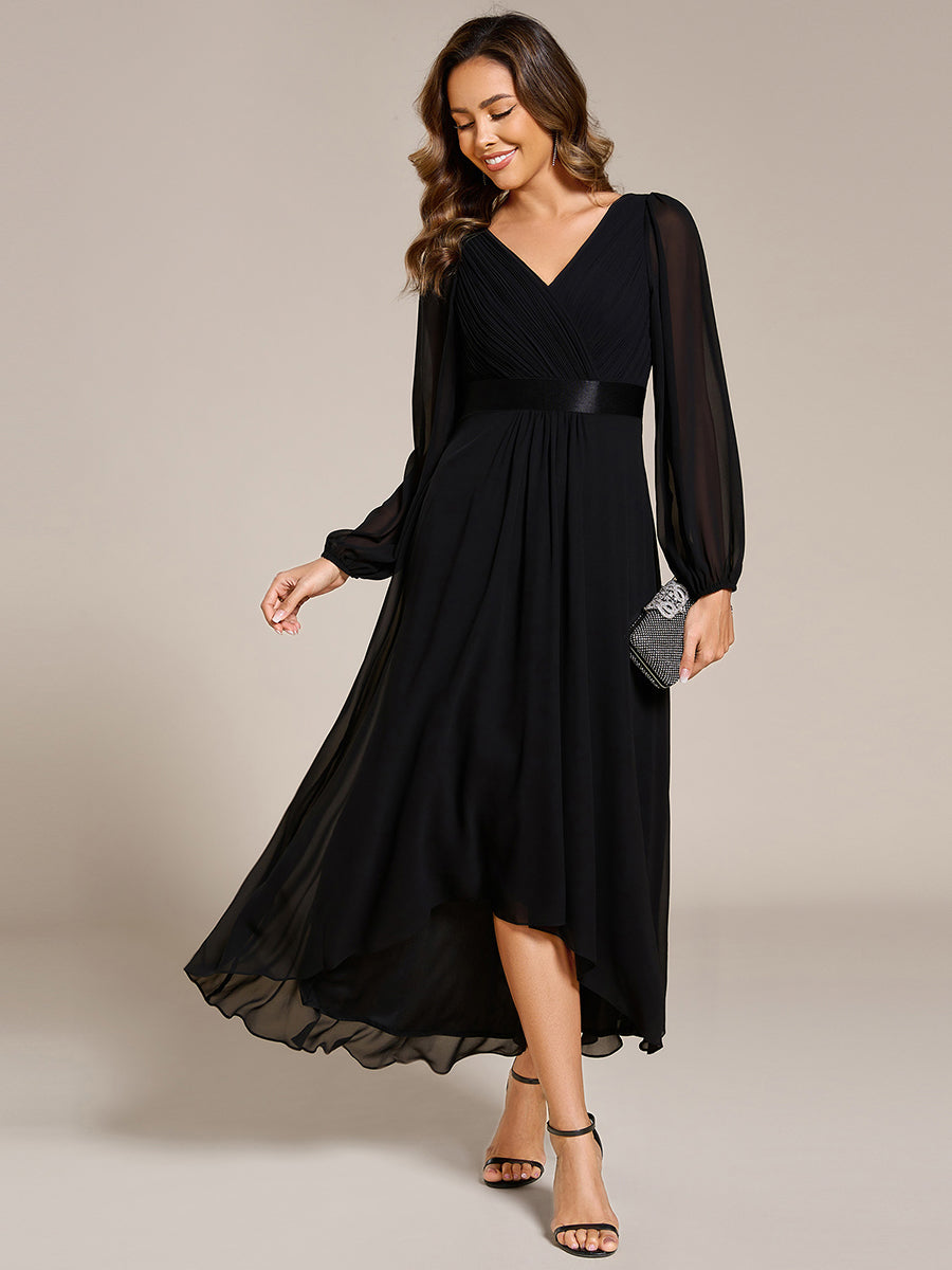 Pleated Chiffon Lantern Sleeve Evening Dress #color_Black