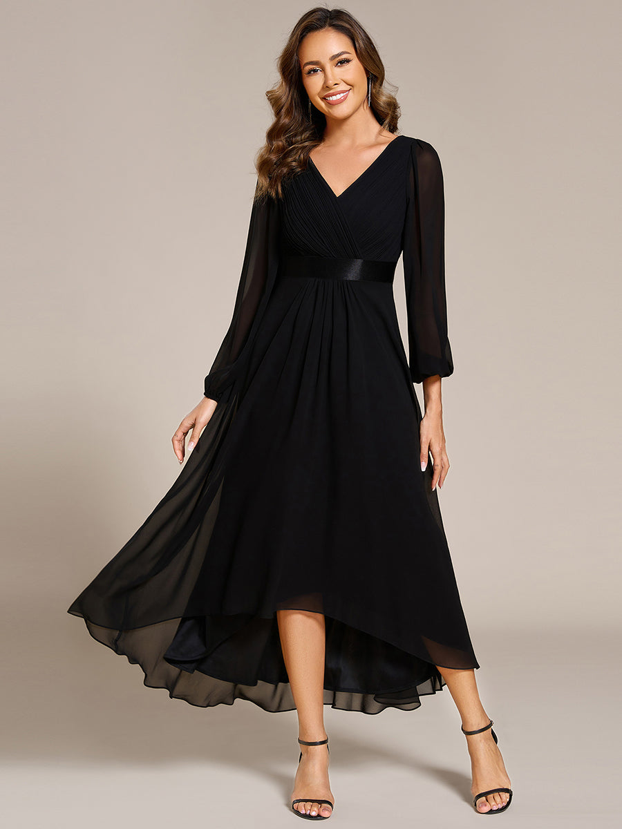 Pleated Chiffon Lantern Sleeve Evening Dress #color_Black