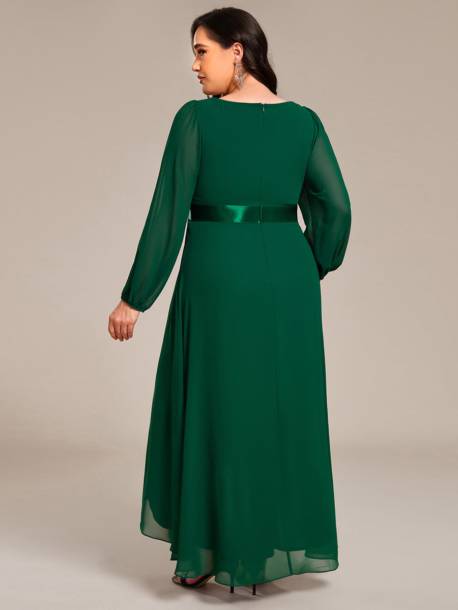 Pleated Chiffon Lantern Sleeve Evening Dress #color_Dark Green