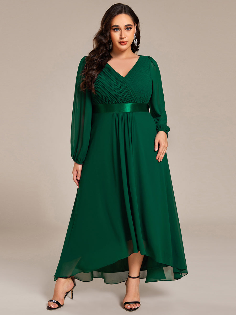 Pleated Chiffon Lantern Sleeve Evening Dress #color_Dark Green