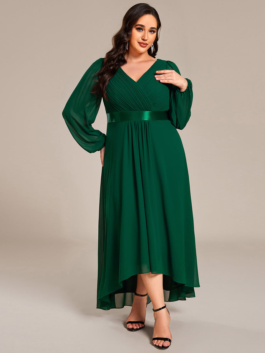 Pleated Chiffon Lantern Sleeve Evening Dress #color_Dark Green