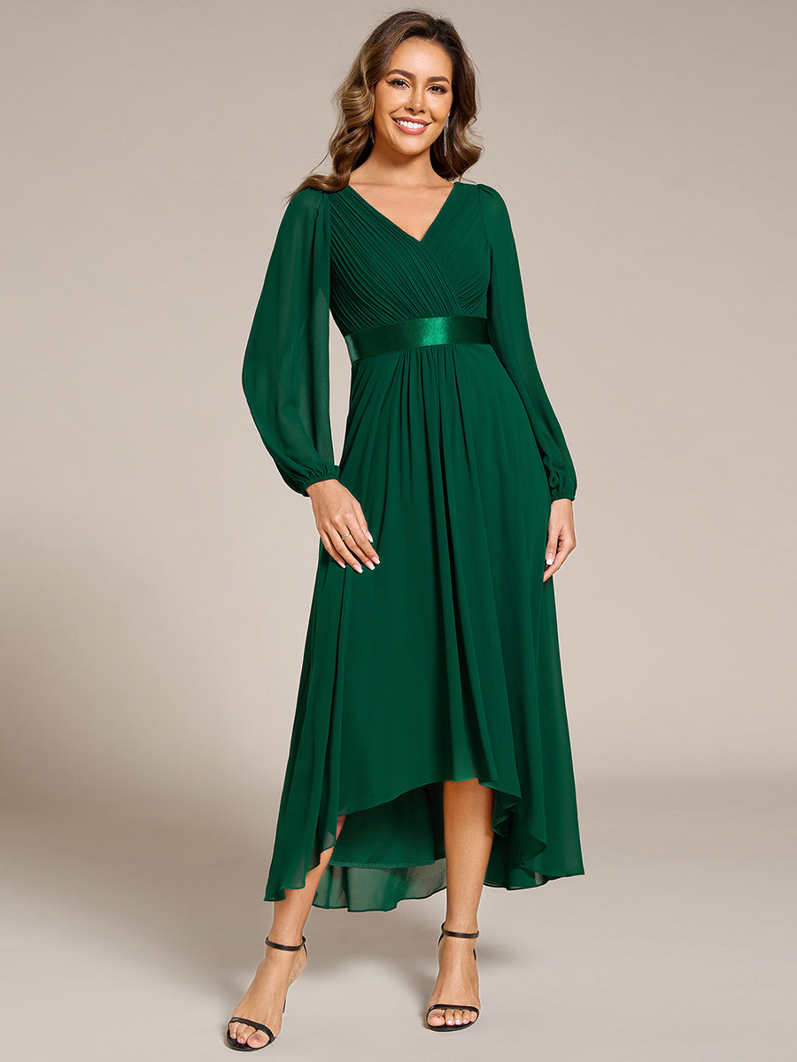 Pleated Chiffon Lantern Sleeve Evening Dress #color_Dark Green