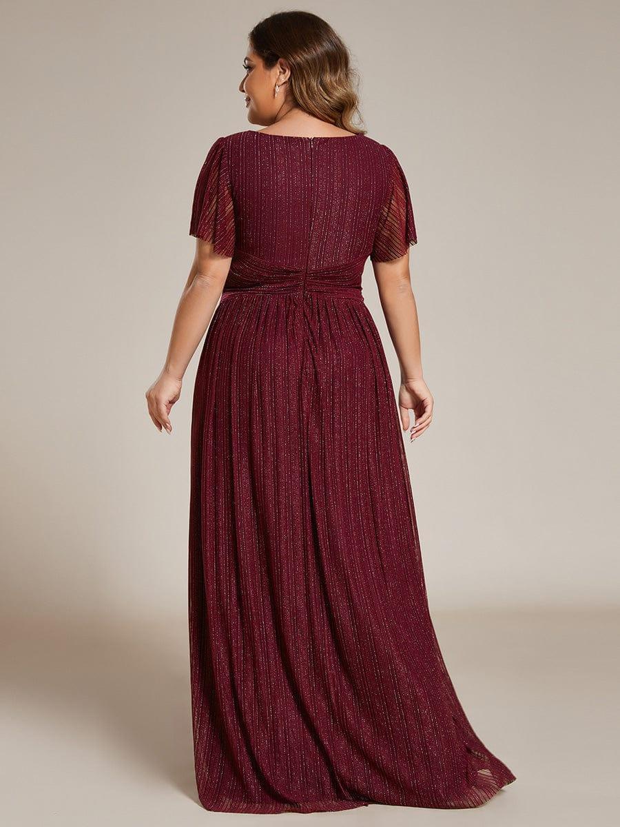 Plus Size V-Neck Glittery Short Sleeves Formal Evening Dress with Empire Waist #color_Burgundy