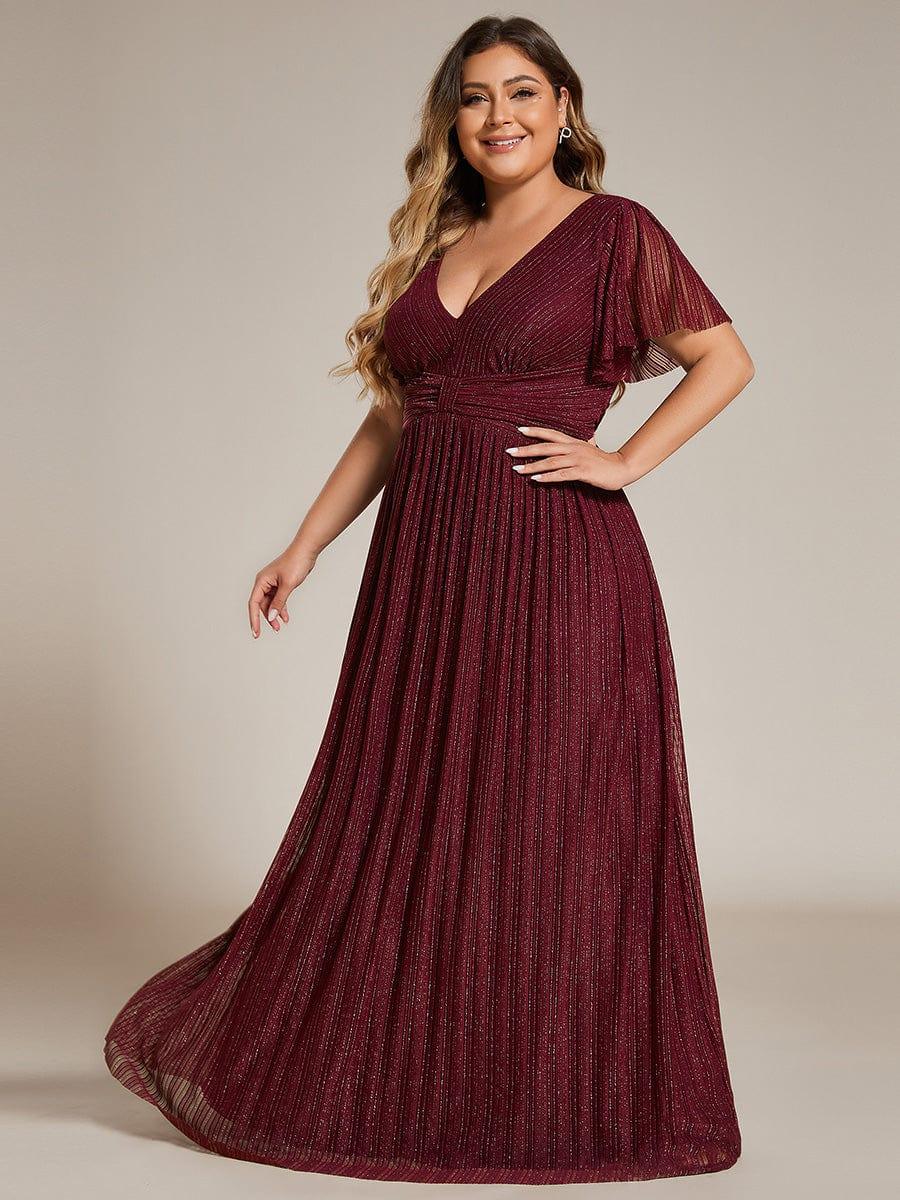 Plus Size V-Neck Glittery Short Sleeves Formal Evening Dress with Empire Waist #color_Burgundy