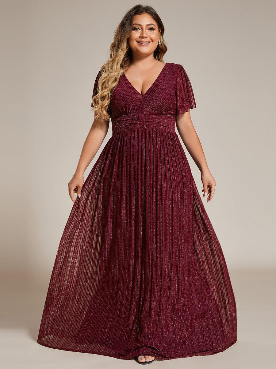 Plus Size V-Neck Glittery Short Sleeves Formal Evening Dress with Empire Waist #color_Burgundy