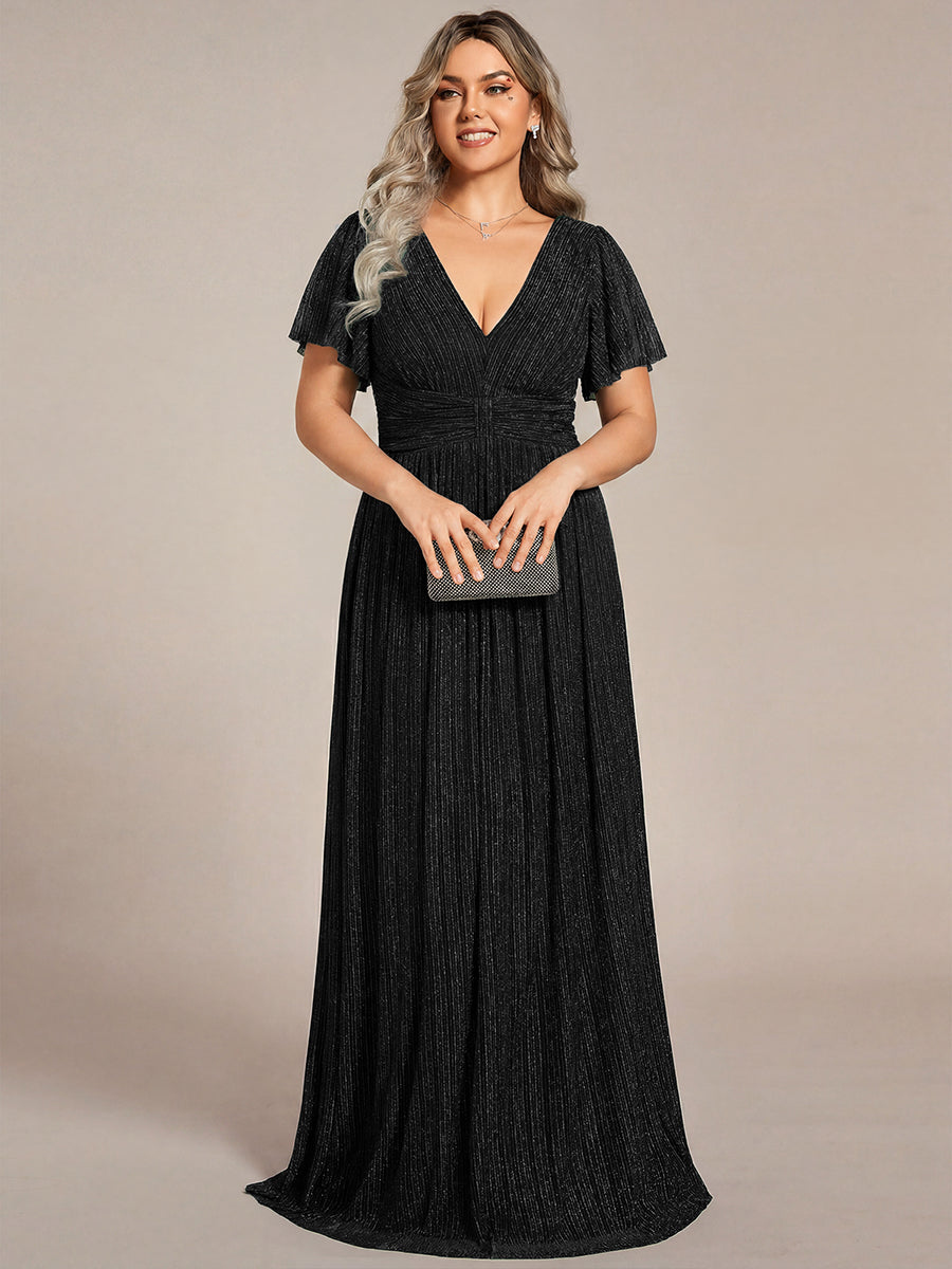 Plus Size V-Neck Glittery Short Sleeves Formal Evening Dress with Empire Waist #color_Black