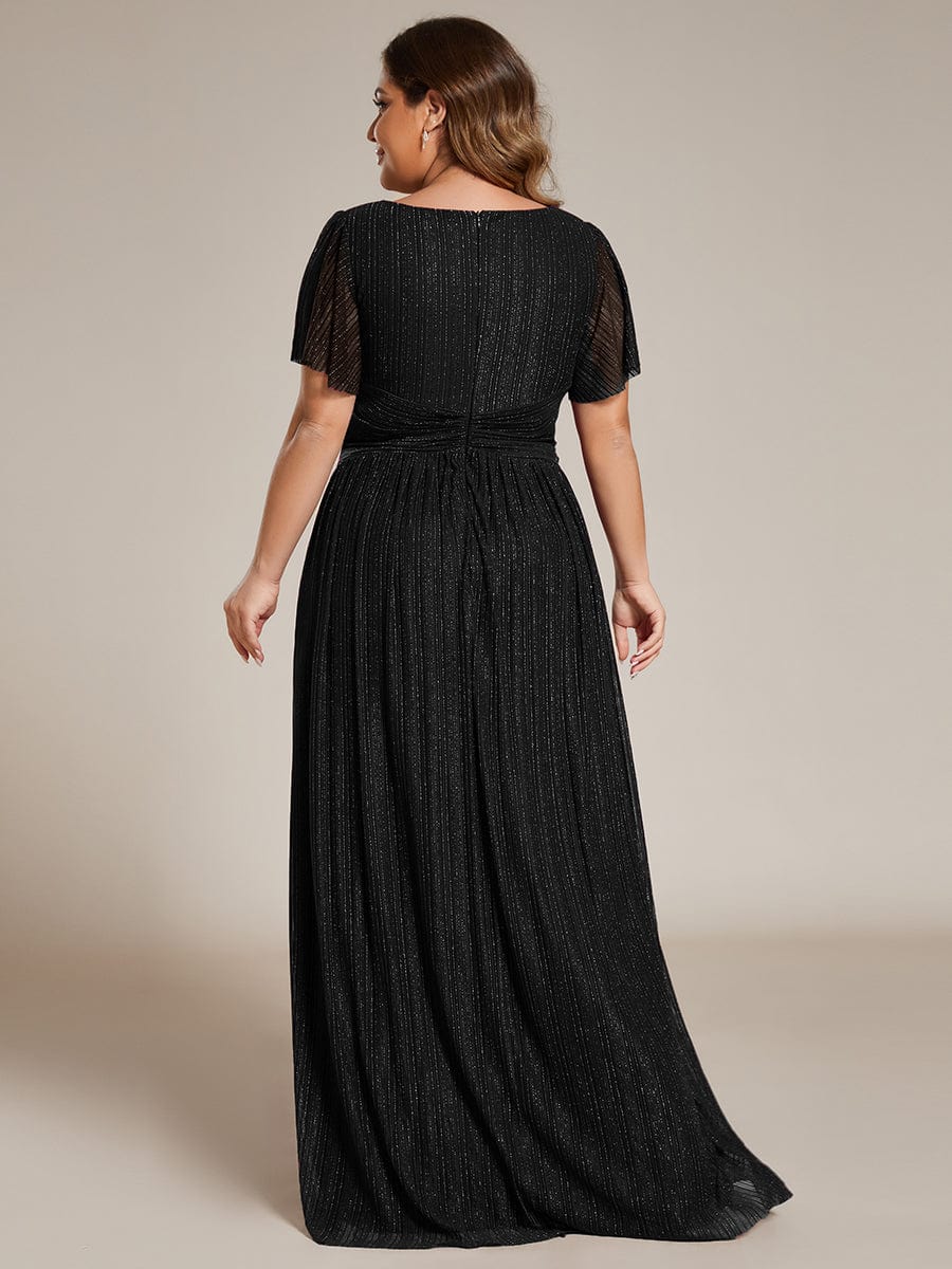 Plus Size V-Neck Glittery Short Sleeves Formal Evening Dress with Empire Waist #color_Black