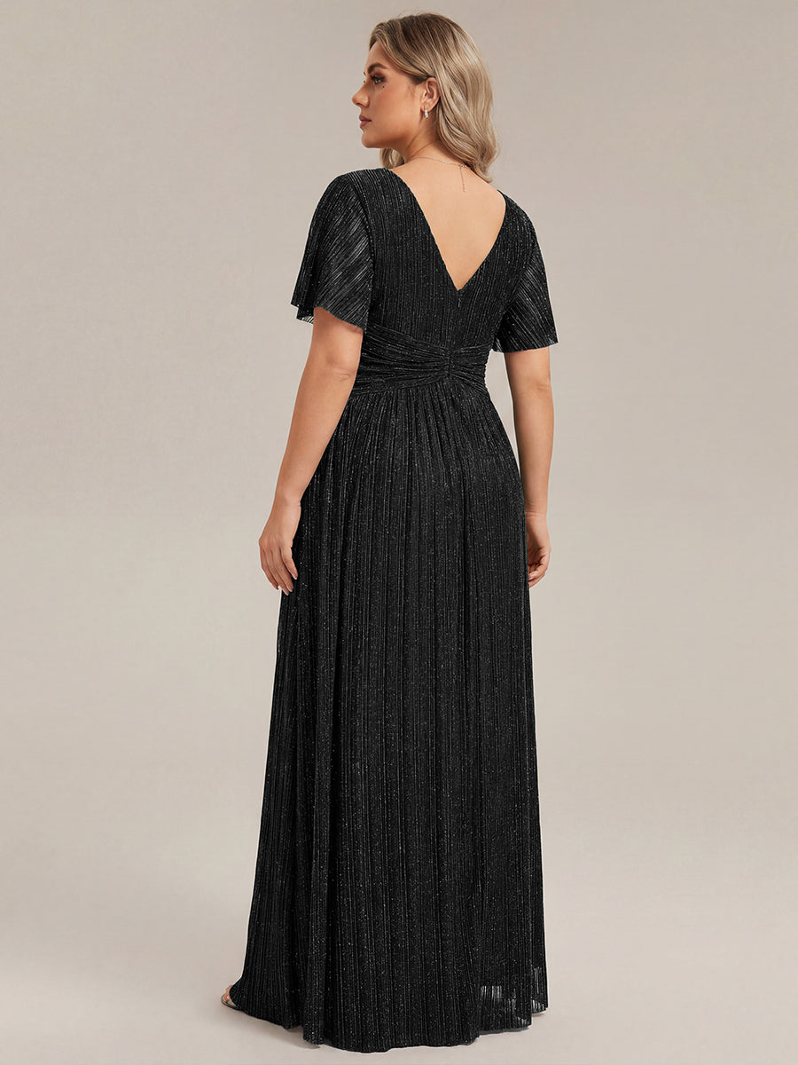 Plus Size V-Neck Glittery Short Sleeves Formal Evening Dress with Empire Waist #color_Black