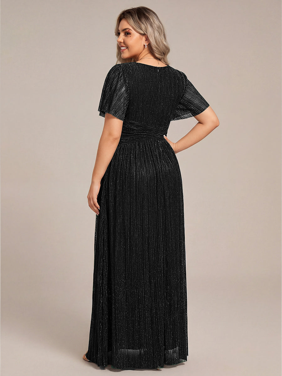Plus Size V-Neck Glittery Short Sleeves Formal Evening Dress with Empire Waist #color_Black