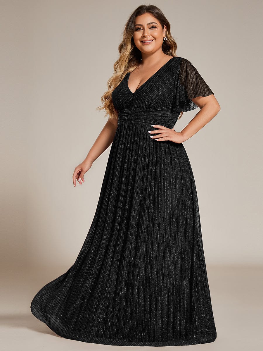 Plus Size V-Neck Glittery Short Sleeves Formal Evening Dress with Empire Waist #color_Black